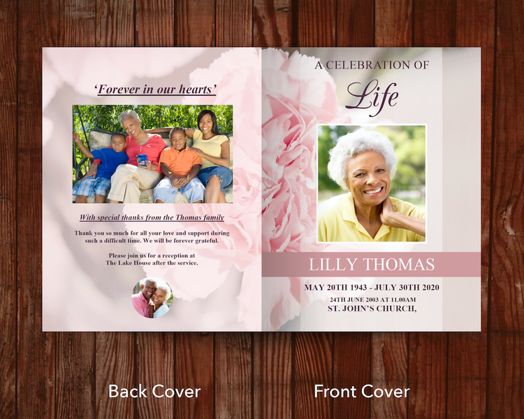 8 Page Pink Carnations Funeral Program Template (11 x 17 inches ...