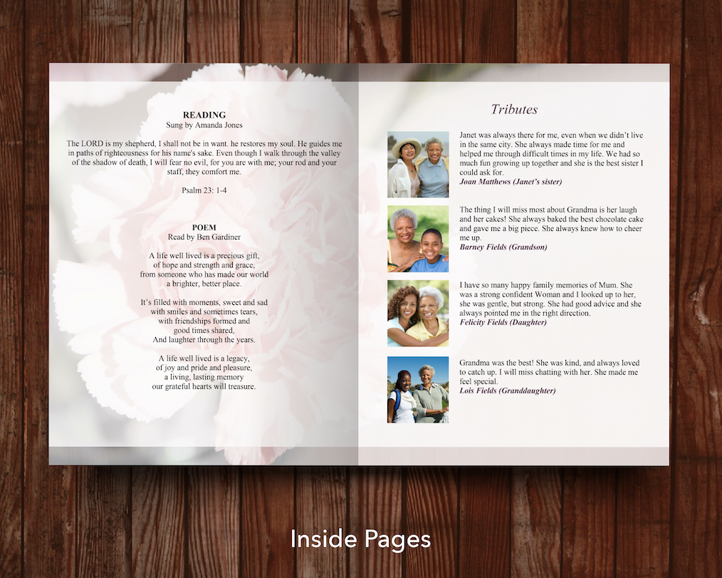 8 Page Pink Carnations Funeral Program Template (11 x 17 inches)