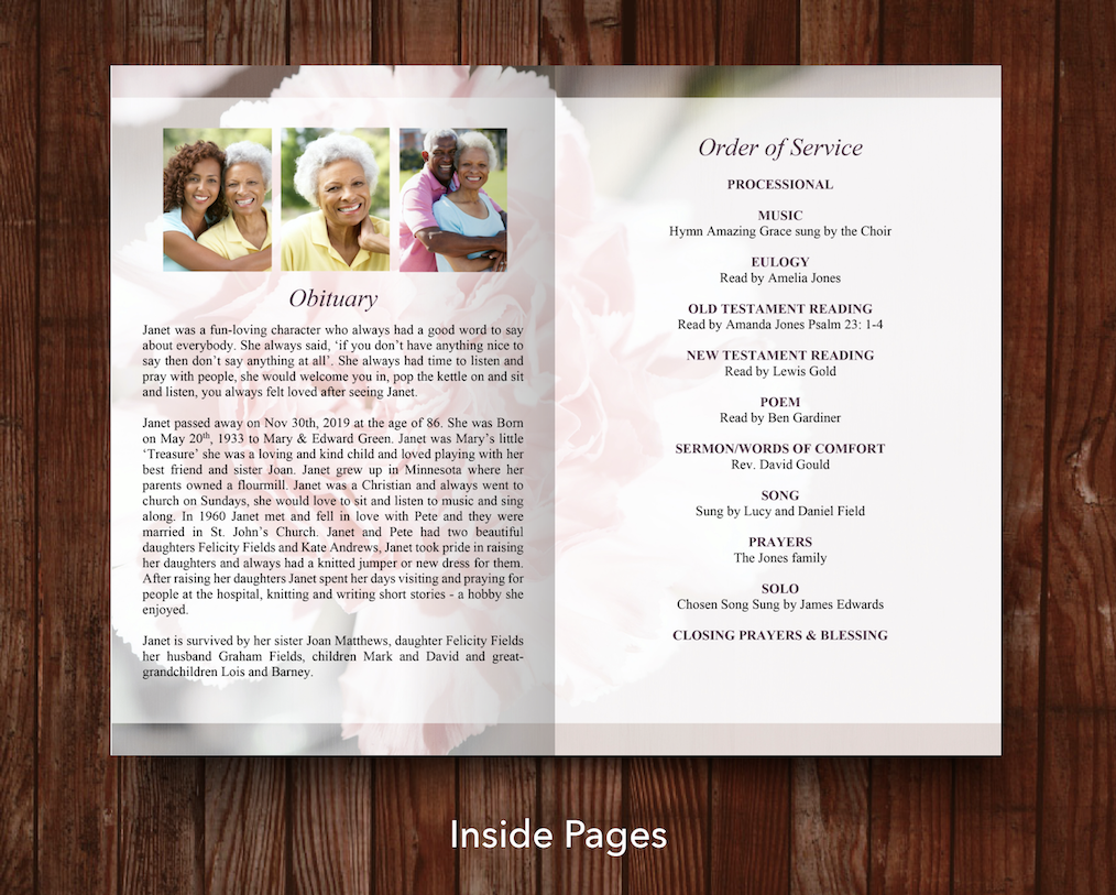 8 Page Pink Carnations Funeral Program Template