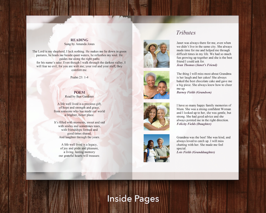 8 Page Pink Carnations Funeral Program Template