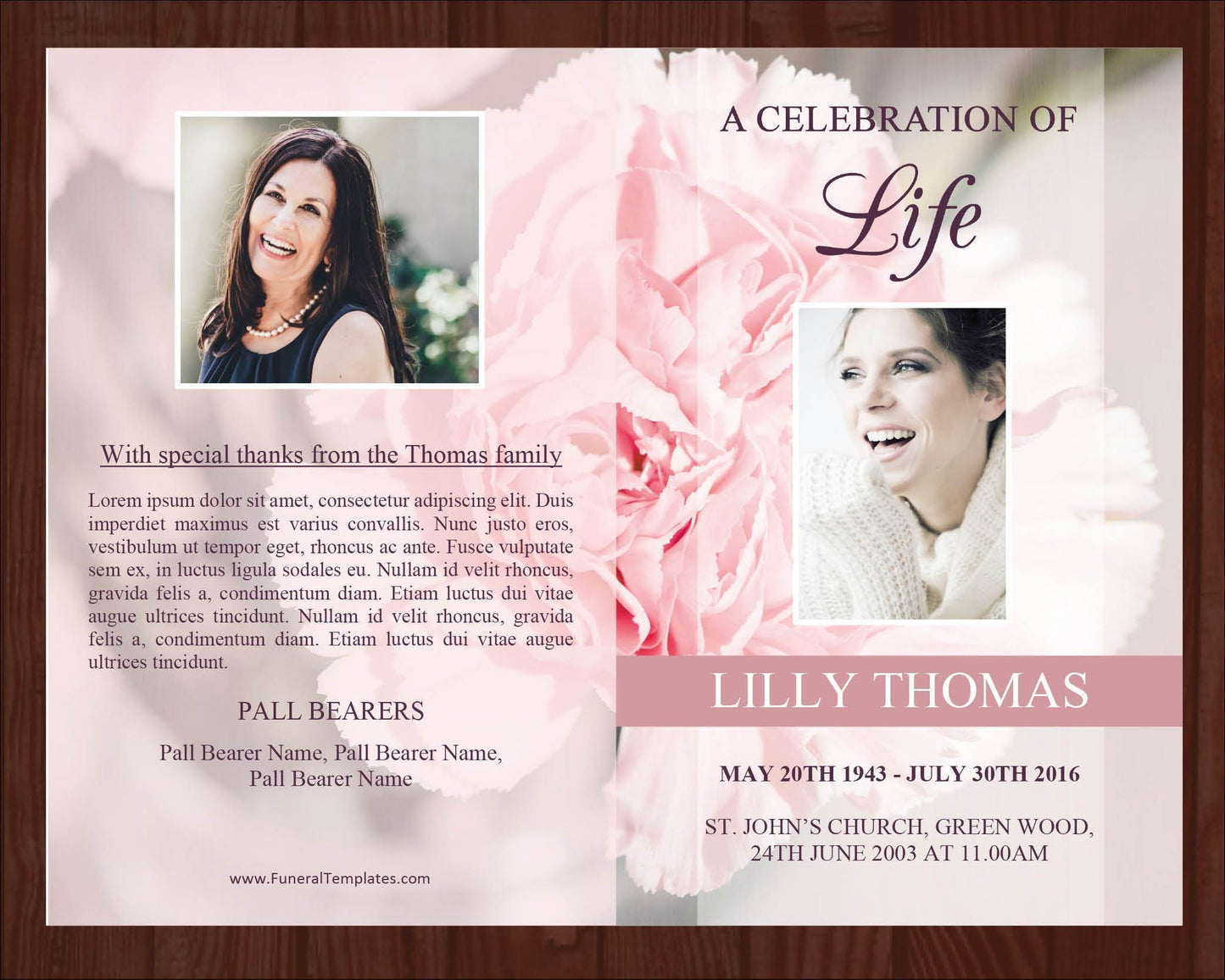8 Page Pink Carnations Funeral Program Template + Prayer Card