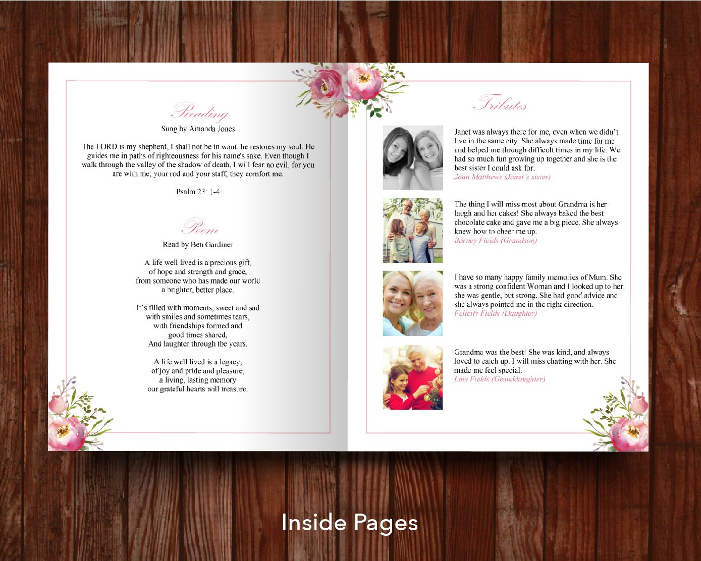 8 Page Pink Floral Funeral Program Template (11 x 17 inches)