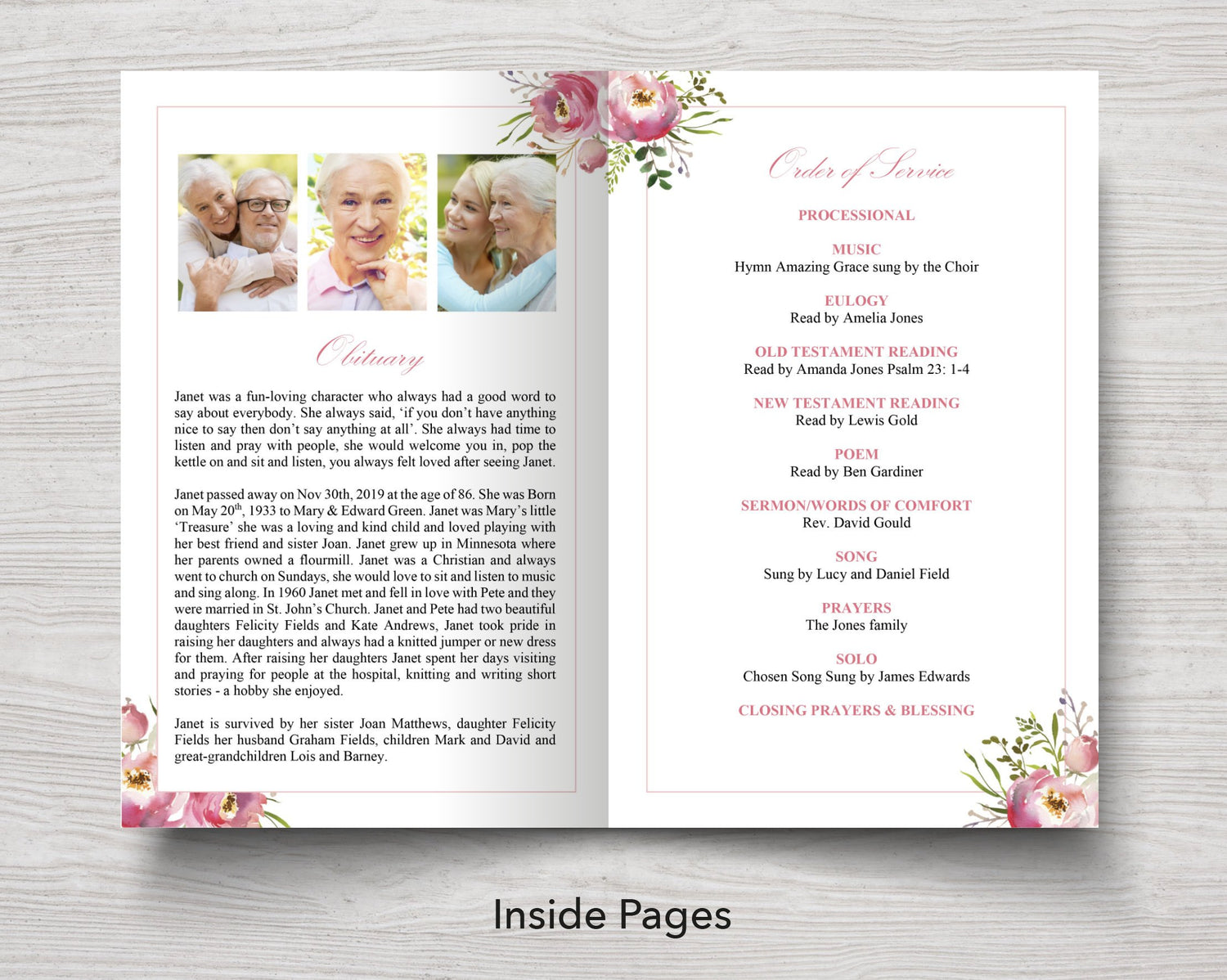 8 Page Pink Floral Funeral Program + Welcome Sign & Prayer Card