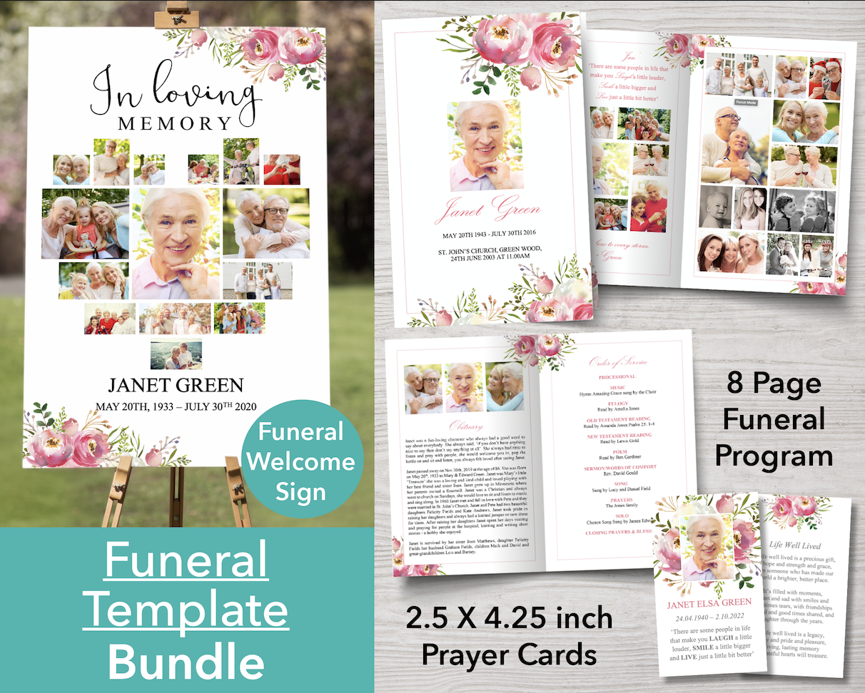 8 Page Pink Floral Funeral Program + Welcome Sign & Prayer Card