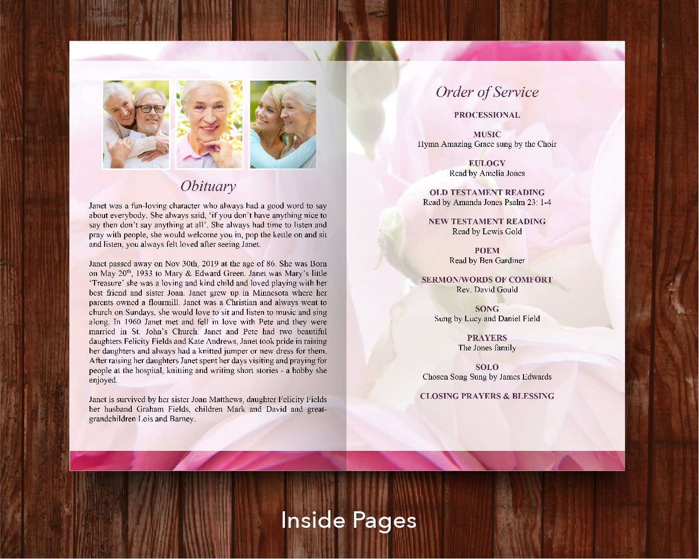 8 Page Pink Flowers Funeral Program Template