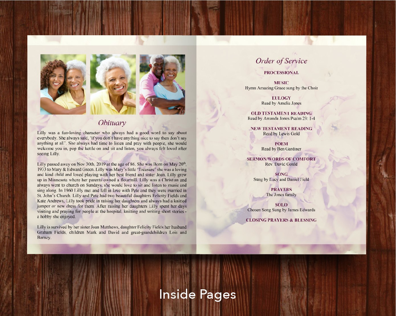 8 Page Pink Petals Funeral Program Template (11 x 17 inches)