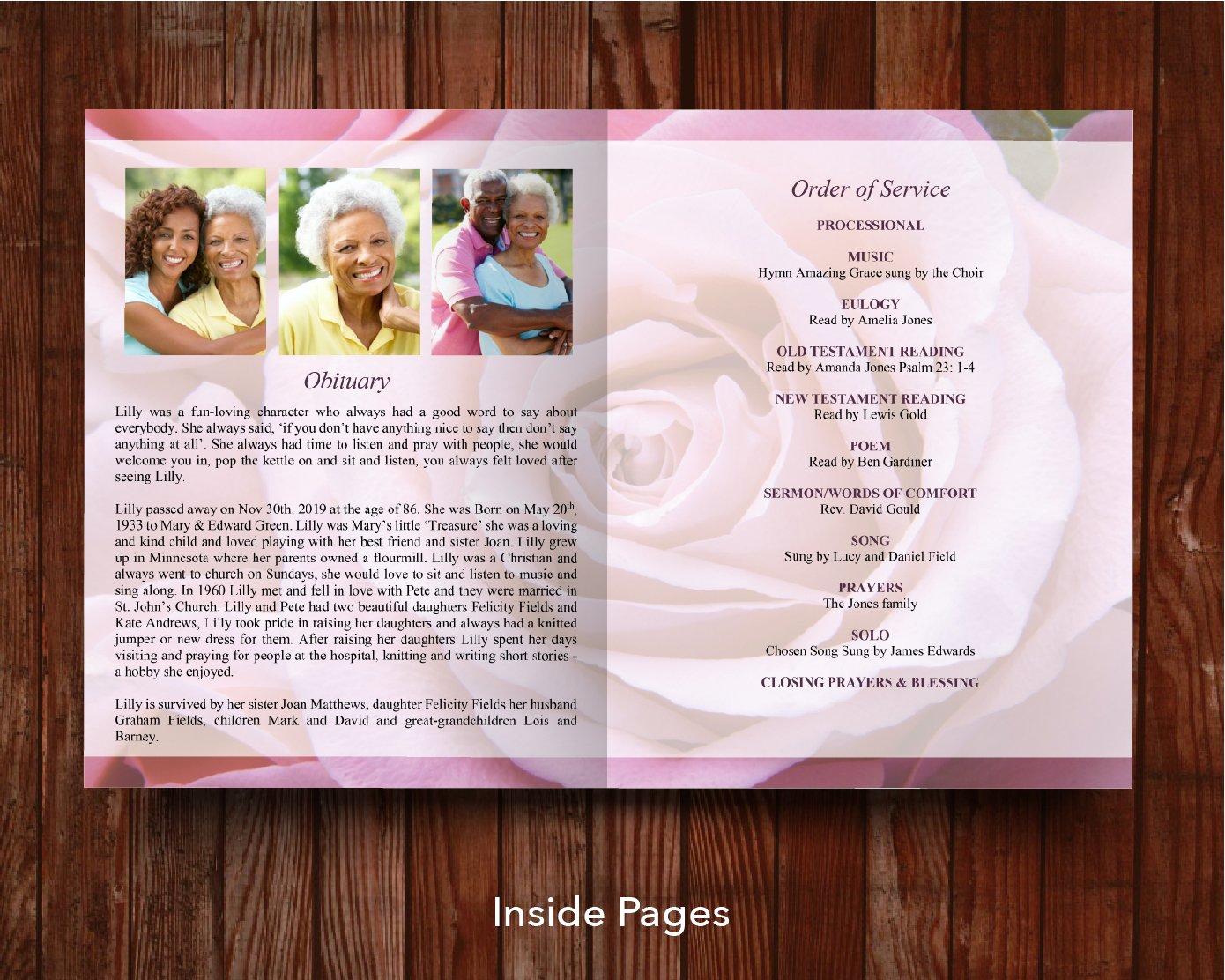 8 Page Pink Rose Funeral Program Template (11 x 17 inches)