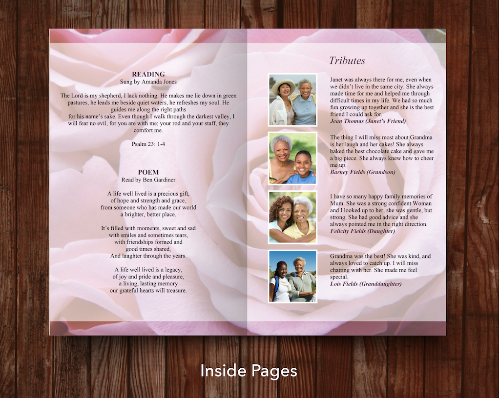 8 Page Pink Rose Funeral Program Template