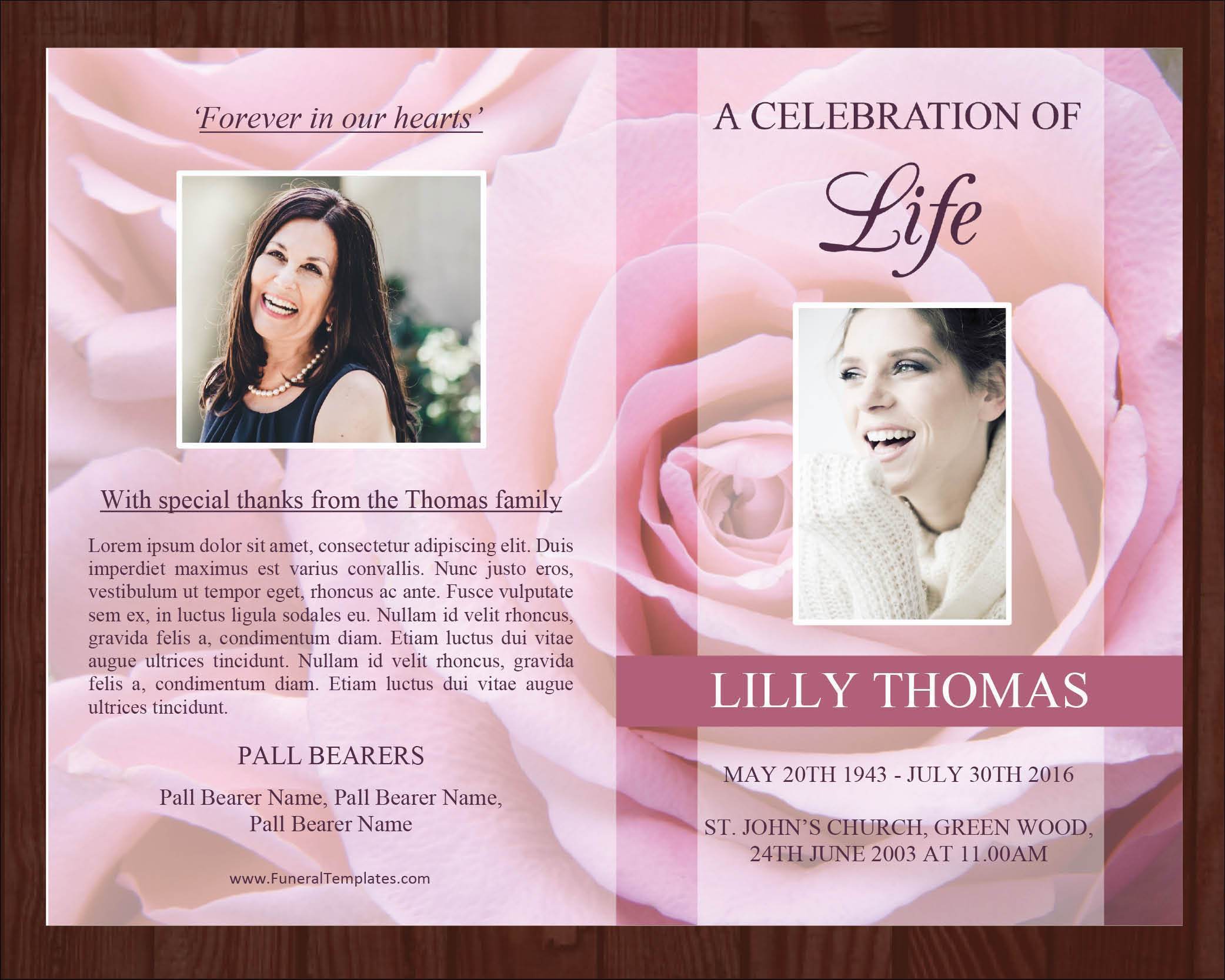 8 Page Pink Rose Funeral Program Template + Prayer Card – Funeral Templates