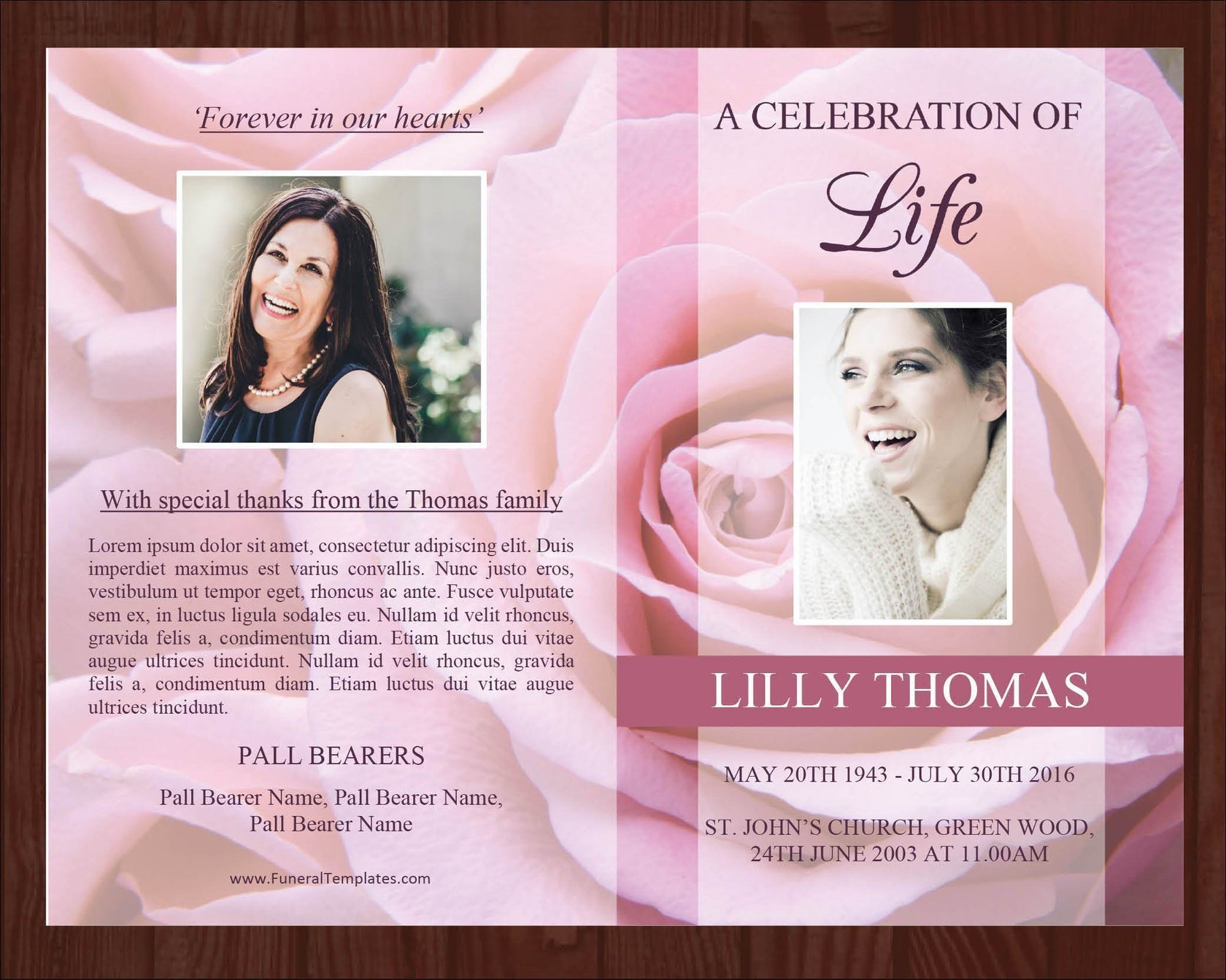 8 Page Pink Rose Funeral Program Template Prayer Card Funeral Templates 7447