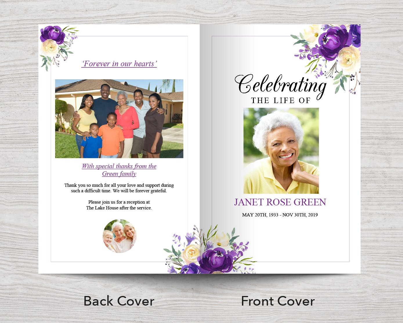 8 Page Purple Bloom Funeral Program + Welcome Sign & Prayer Card