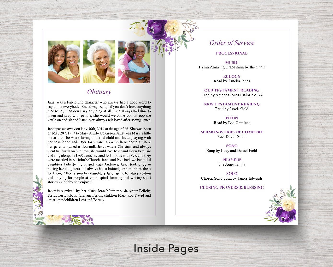 8 Page Purple Bloom Funeral Program + Welcome Sign & Prayer Card