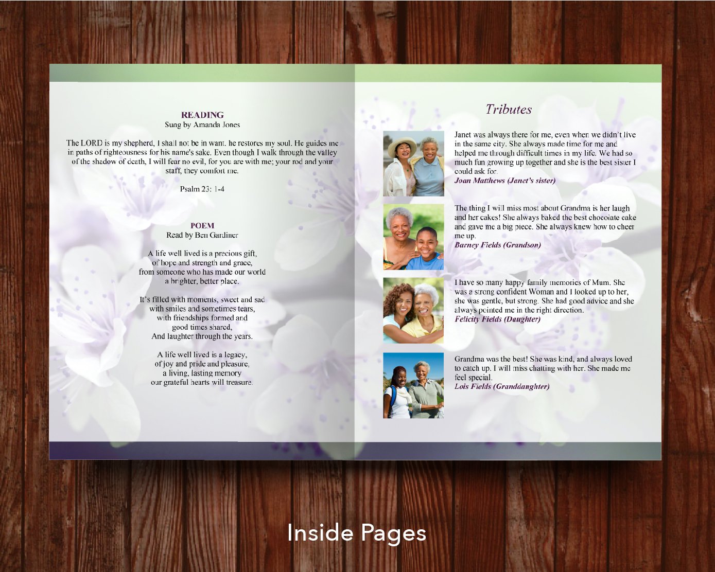 8 Page Purple Blossom Funeral Program Template (11 x 17 inches)