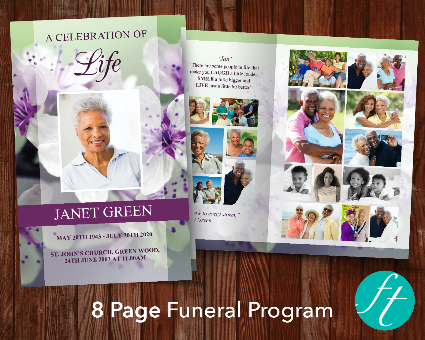 8 Page Purple Blossom Funeral Program Template