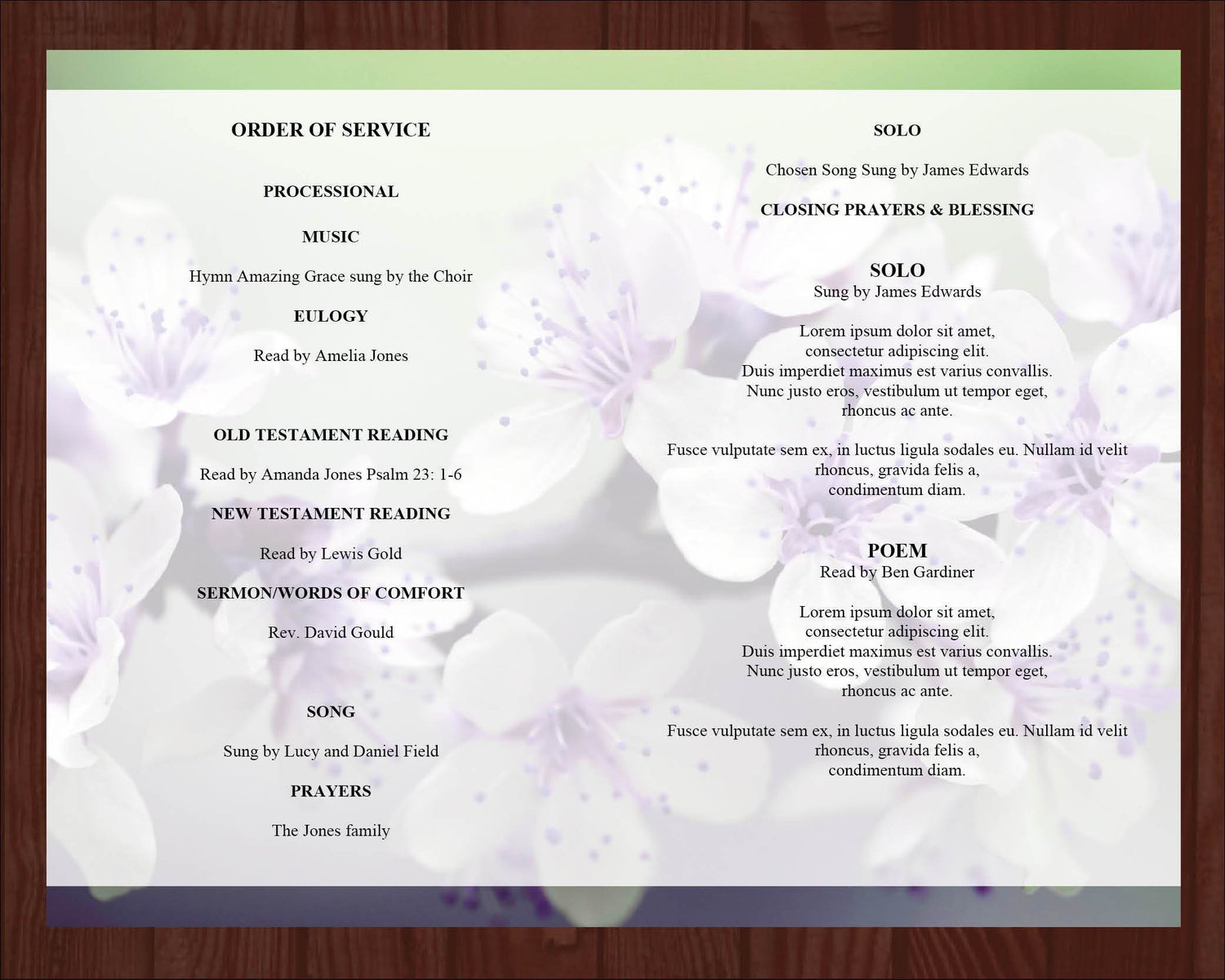 8 Page Purple Blossom Funeral Program Template + Prayer Card