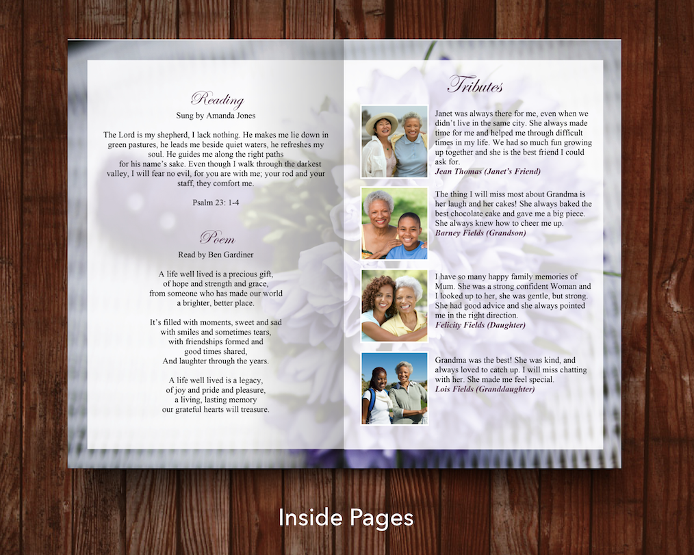 8 Page Purple Bouquet Funeral Program Template