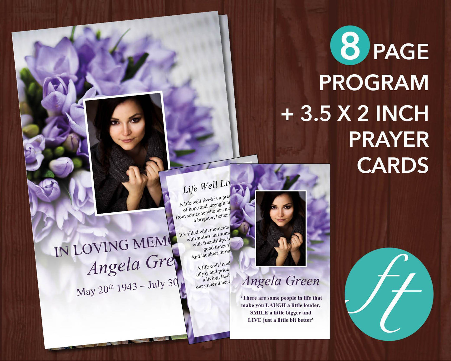 8 Page Purple Bouquet Funeral Program Template + Prayer Card