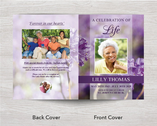 8 Page Purple Flowers Funeral Program Template (11 x 17 inches ...