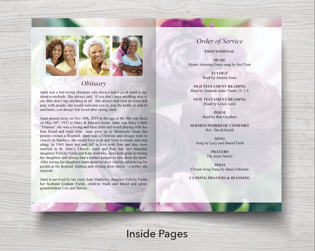 8 Page Purple Peonies Funeral Program Template