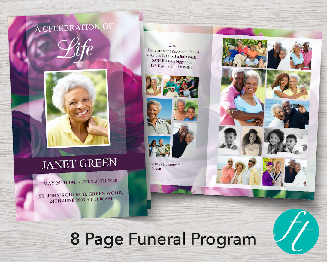 8 Page Purple Peonies Funeral Program Template