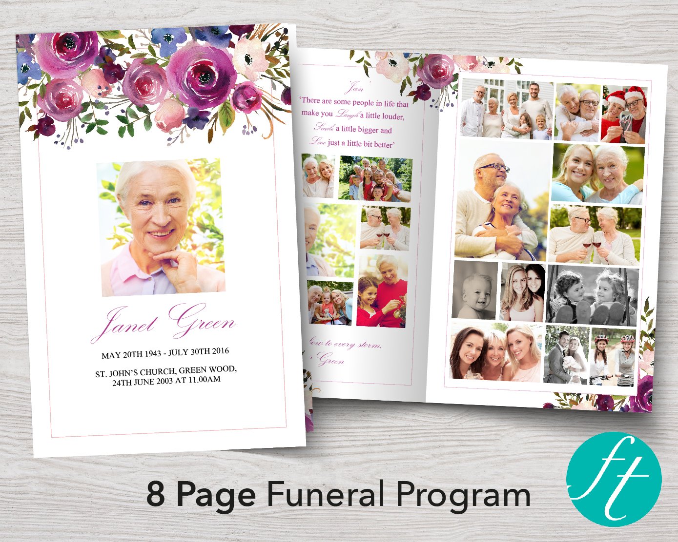 8 Page Purple Roses Funeral Program Template