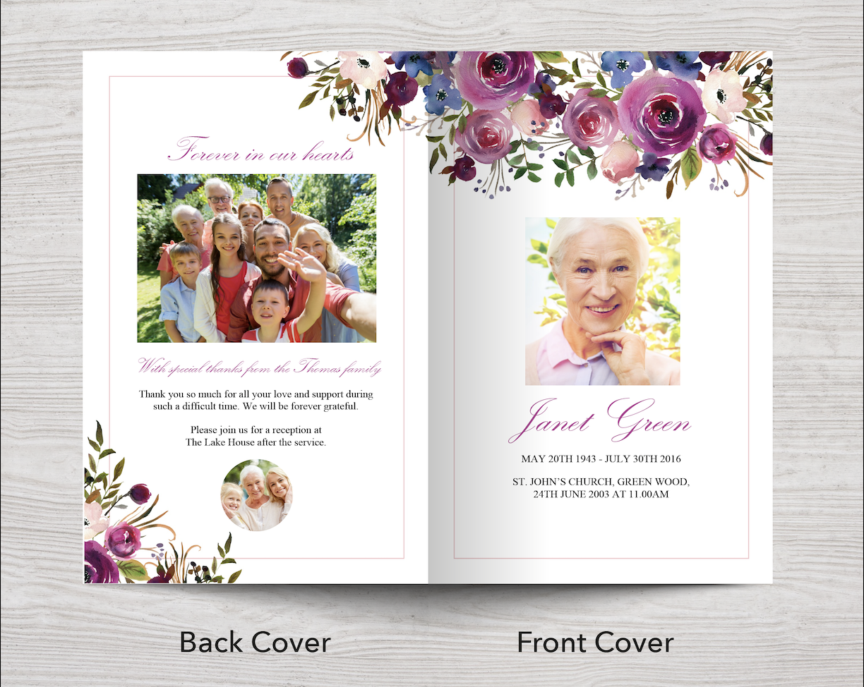 8 Page Purple Roses Funeral Program Template