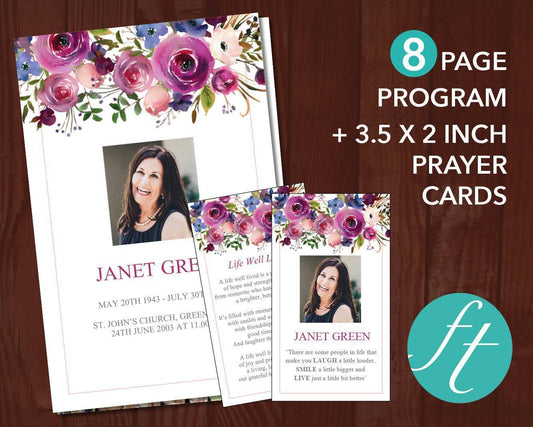 8 Page Purple Roses Funeral Program Template + Prayer Card