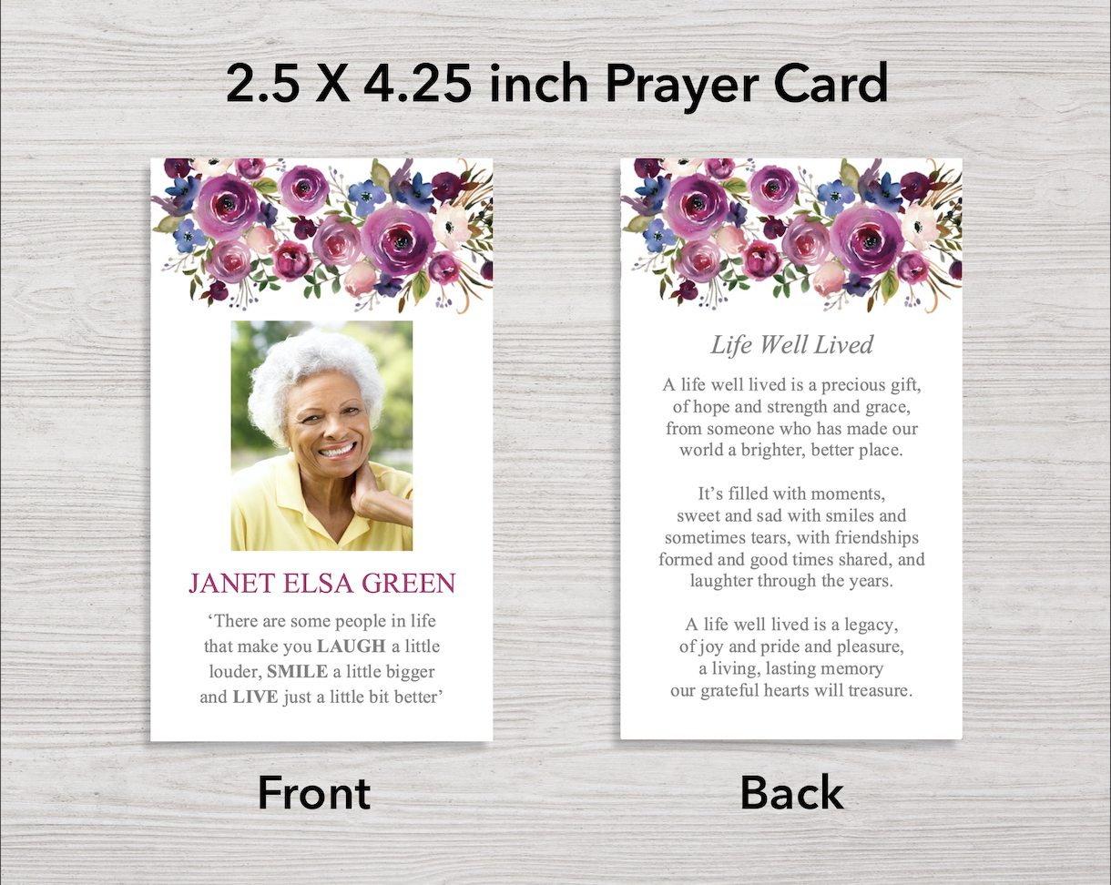 8 Page Purple Roses Funeral Program + Welcome Sign & Prayer Card