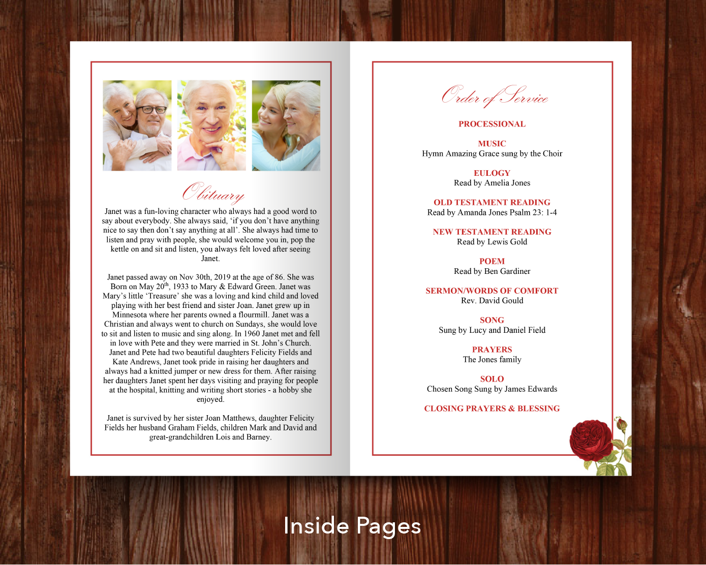8 Page Red Rose Funeral Program Template – Funeral Templates