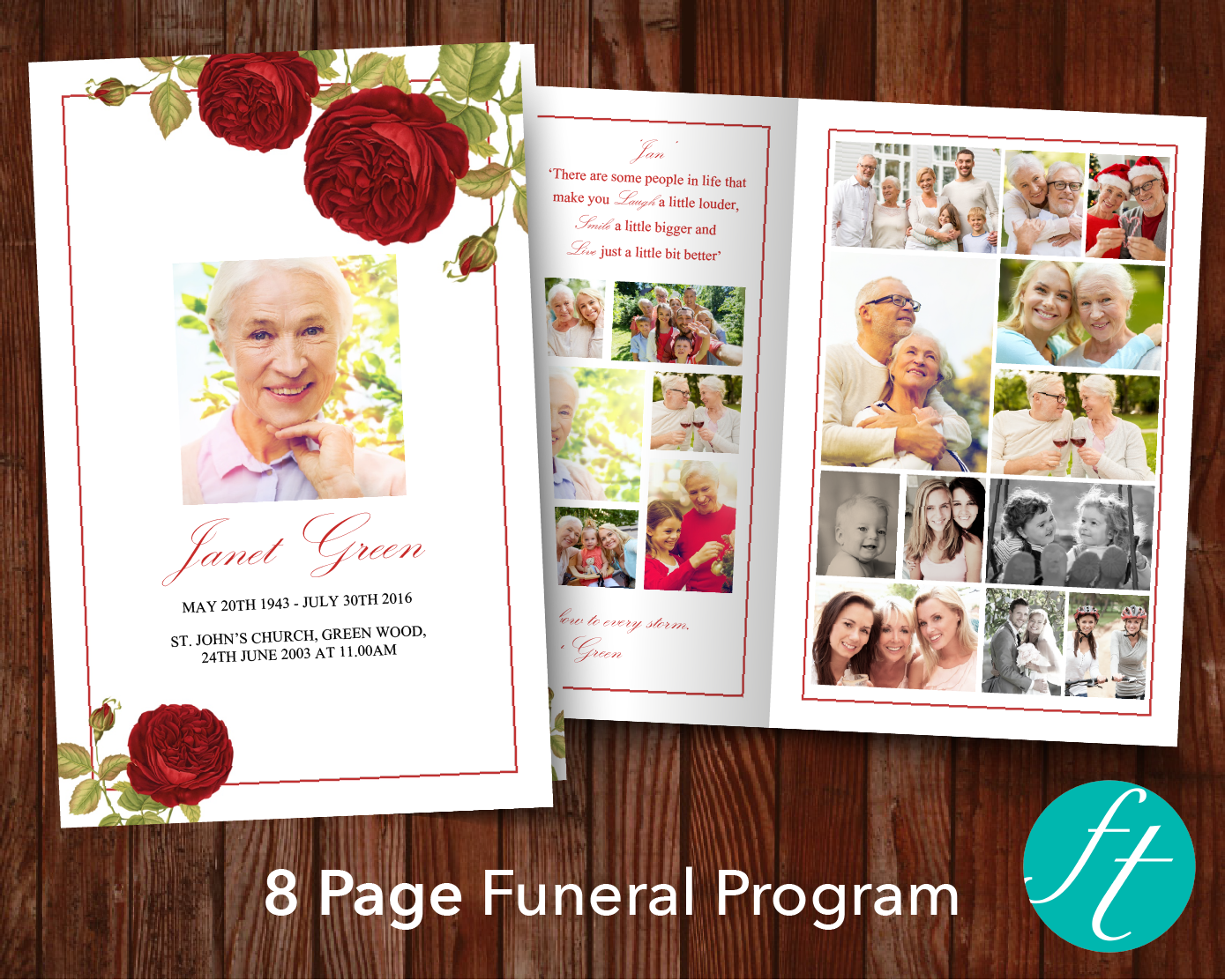 8 Page Red Rose Funeral Program Template