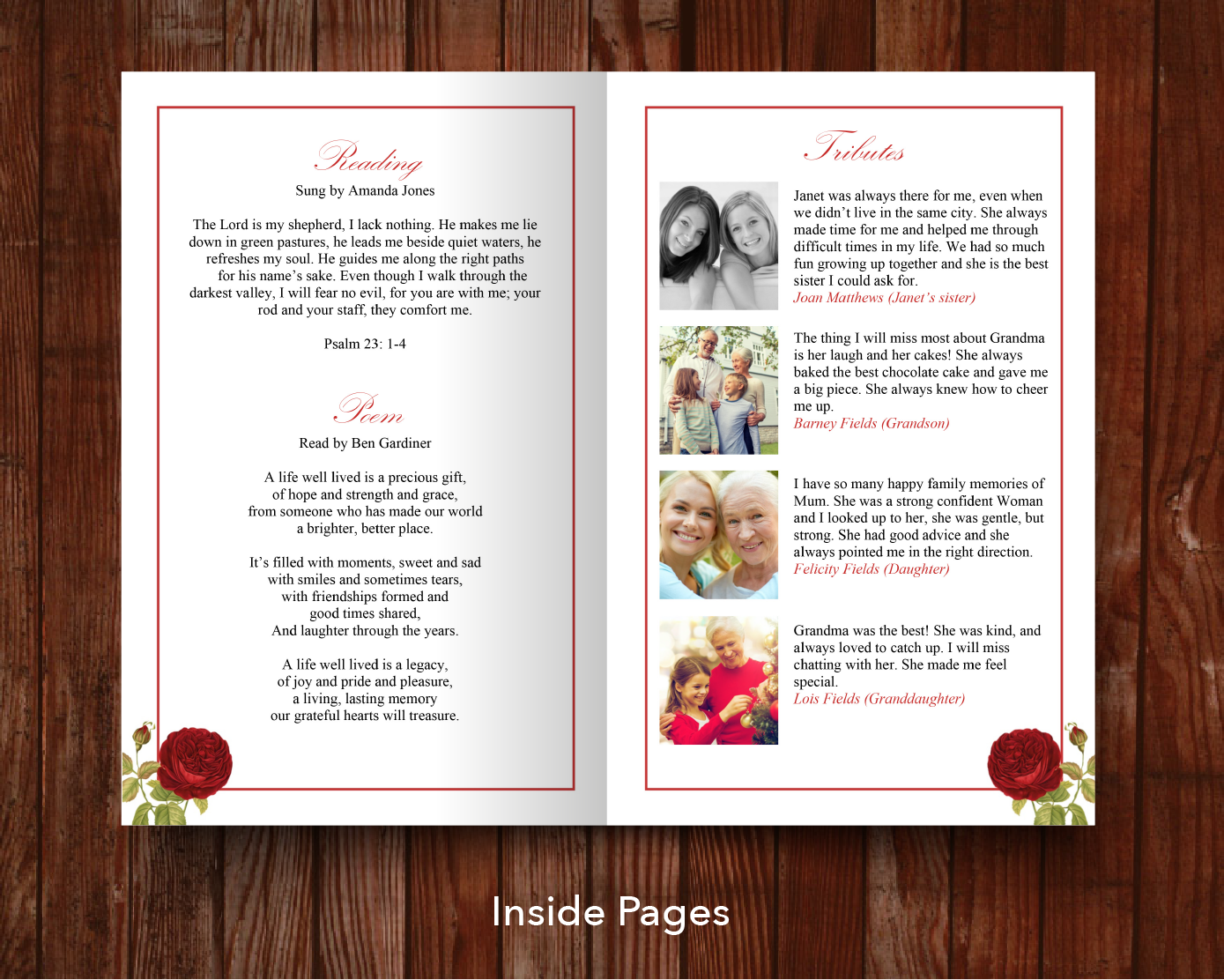 8 Page Red Rose Funeral Program Template