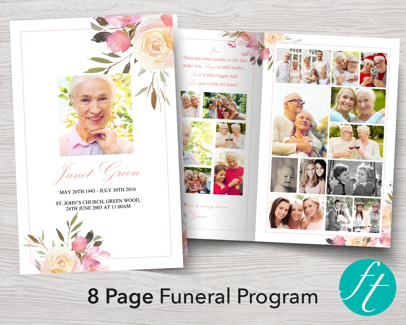 8 Page Spring Flowers Funeral Program Template