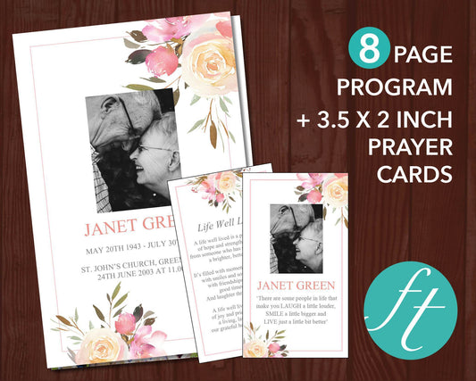 8 Page Spring Flowers Funeral Program Template + Prayer Card