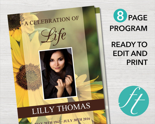 8 Page Sunflowers Funeral Program Template