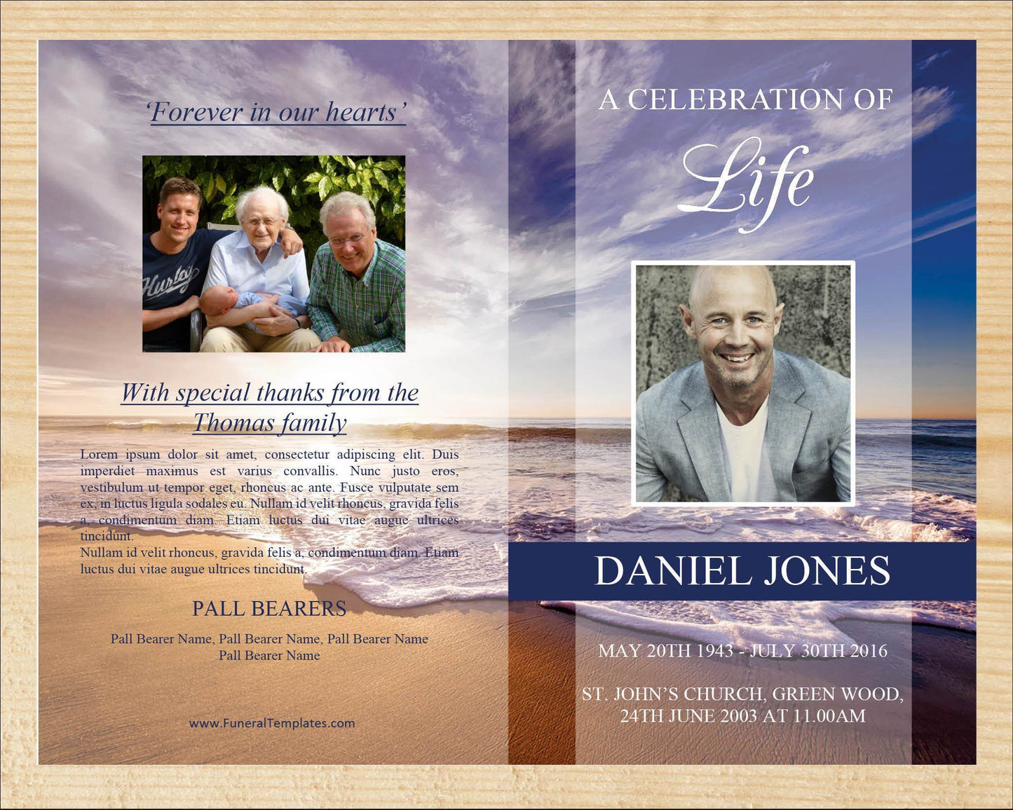 8 Page Waves Funeral Program Template + Prayer Card