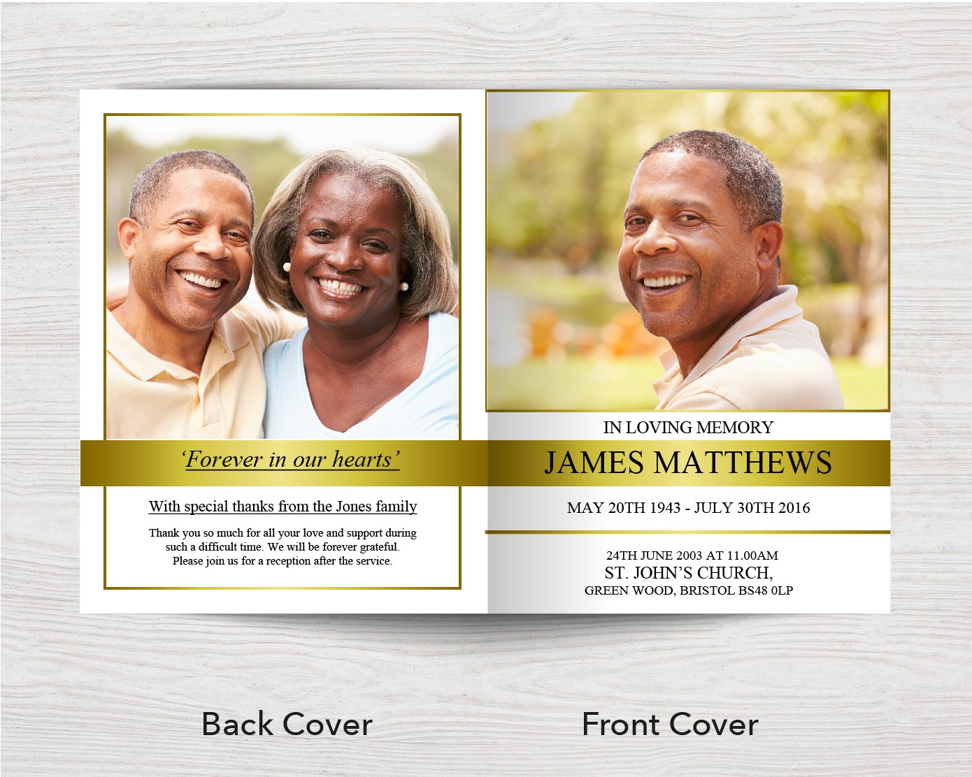 8 Page White & Gold Funeral Program Template (11 x 17 inches)