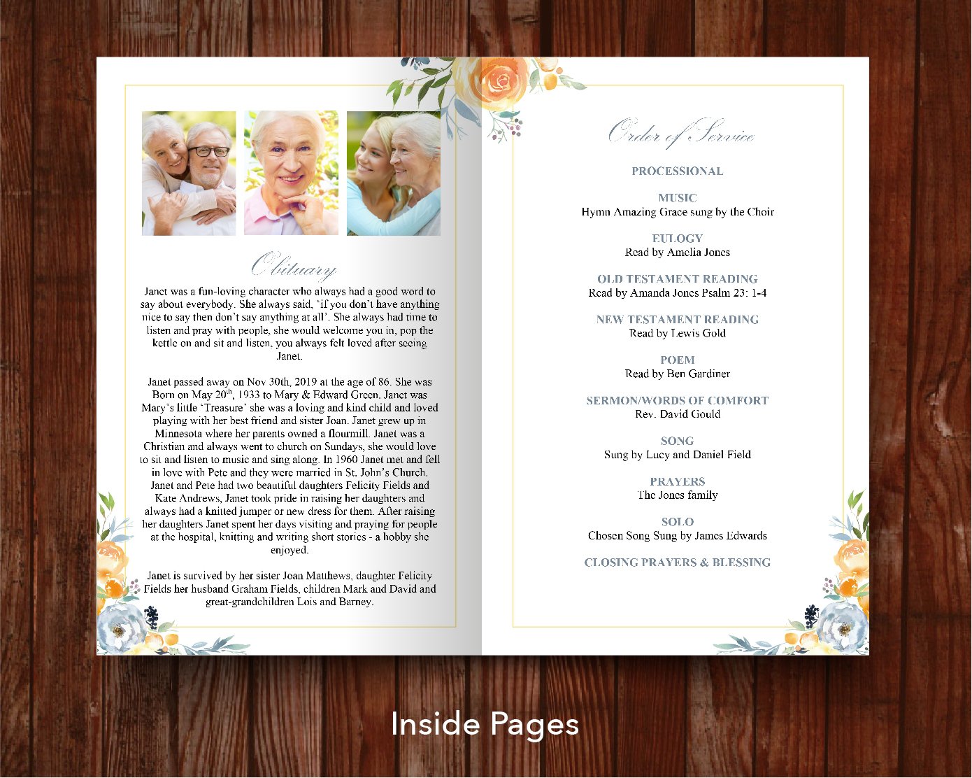 8 Page Yellow Bouquet Funeral Program Template