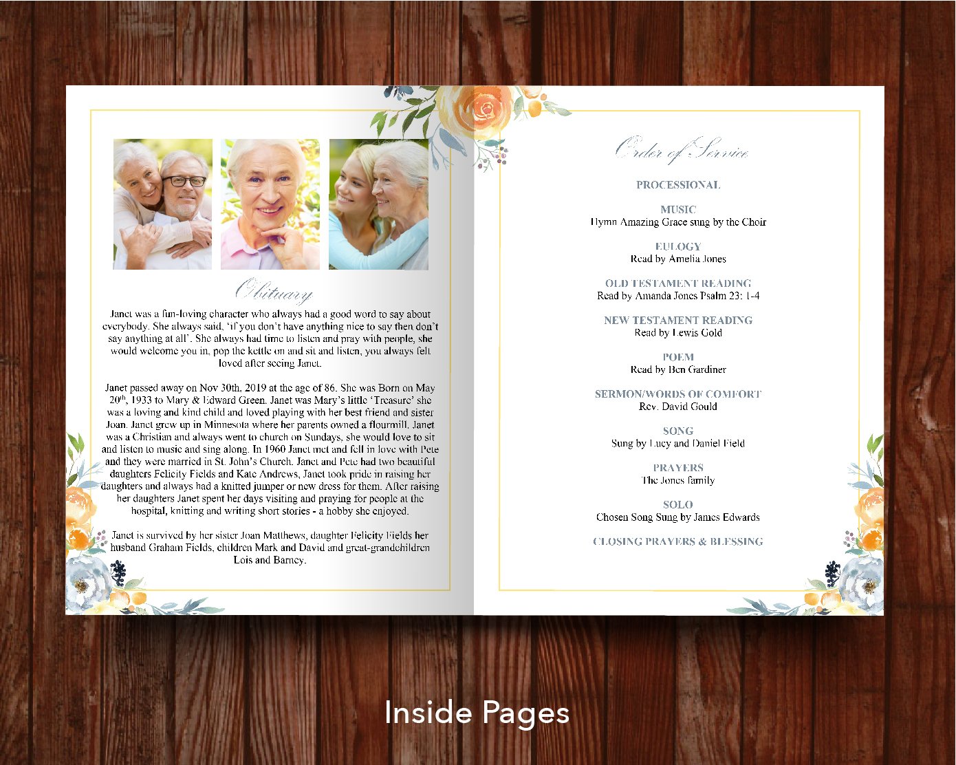 8 Page Yellow Rose Funeral Program Template (11 x 17 inches)