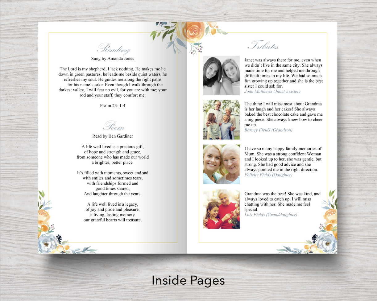 8 Page Yellow Rose Funeral Program Template