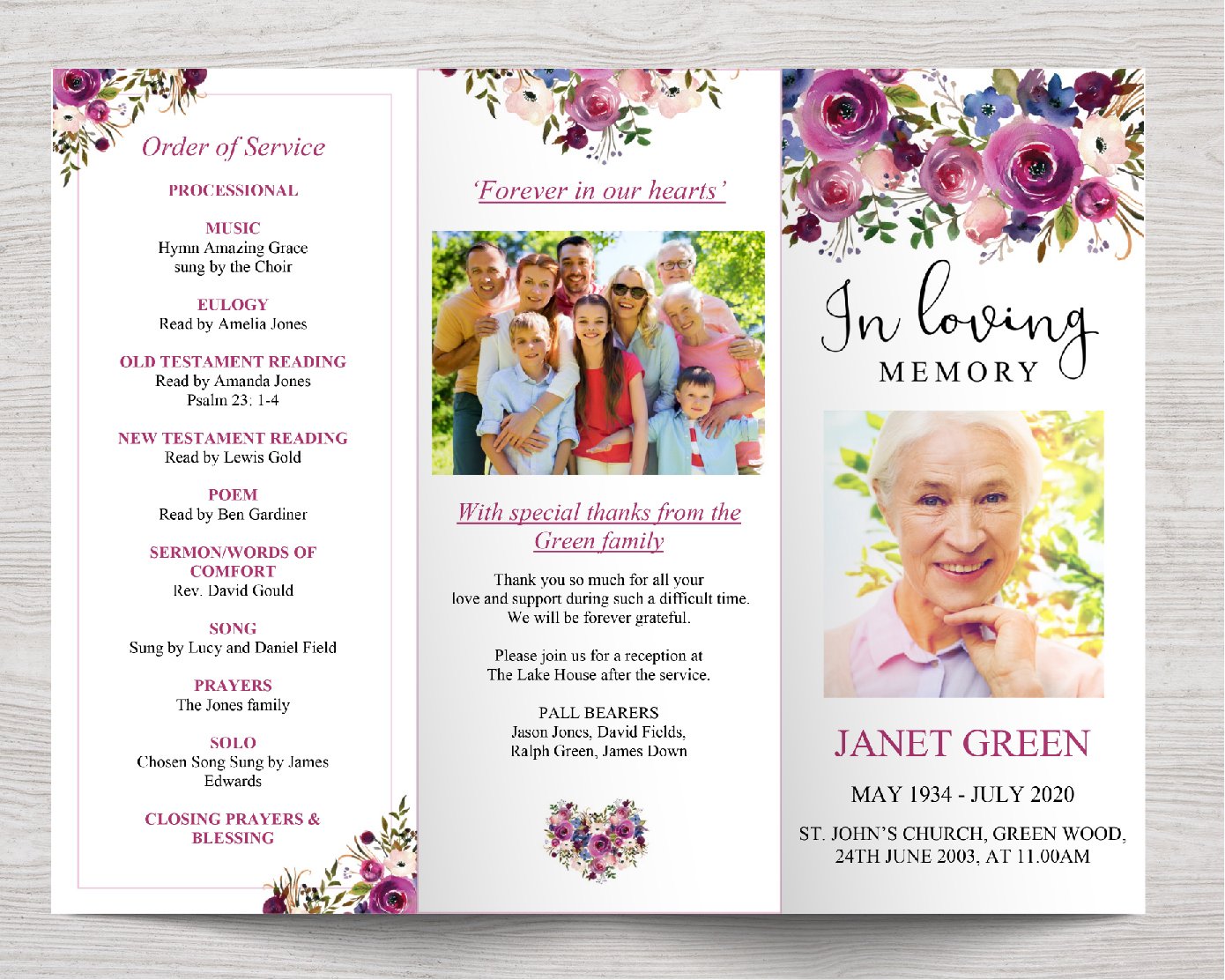 Trifold Floral Display Funeral Program Template