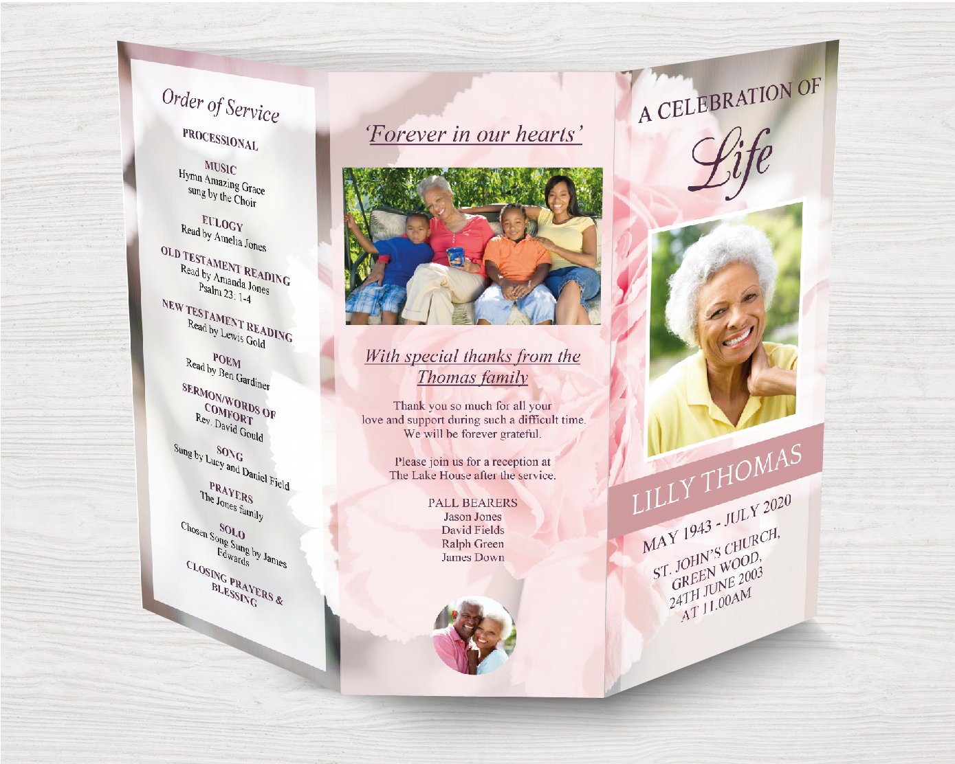 Trifold Pink Carnations Funeral Program Template
