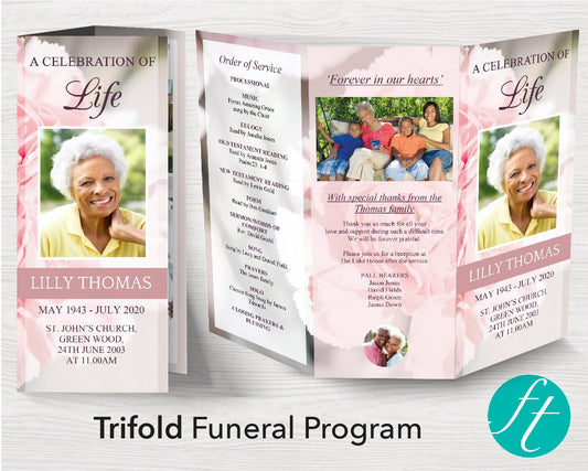 Trifold Pink Carnations Funeral Program Template