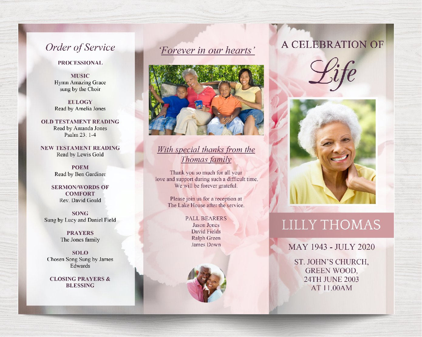 Trifold Pink Carnations Funeral Program Template