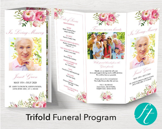 Trifold Pink Floral Funeral Program Template