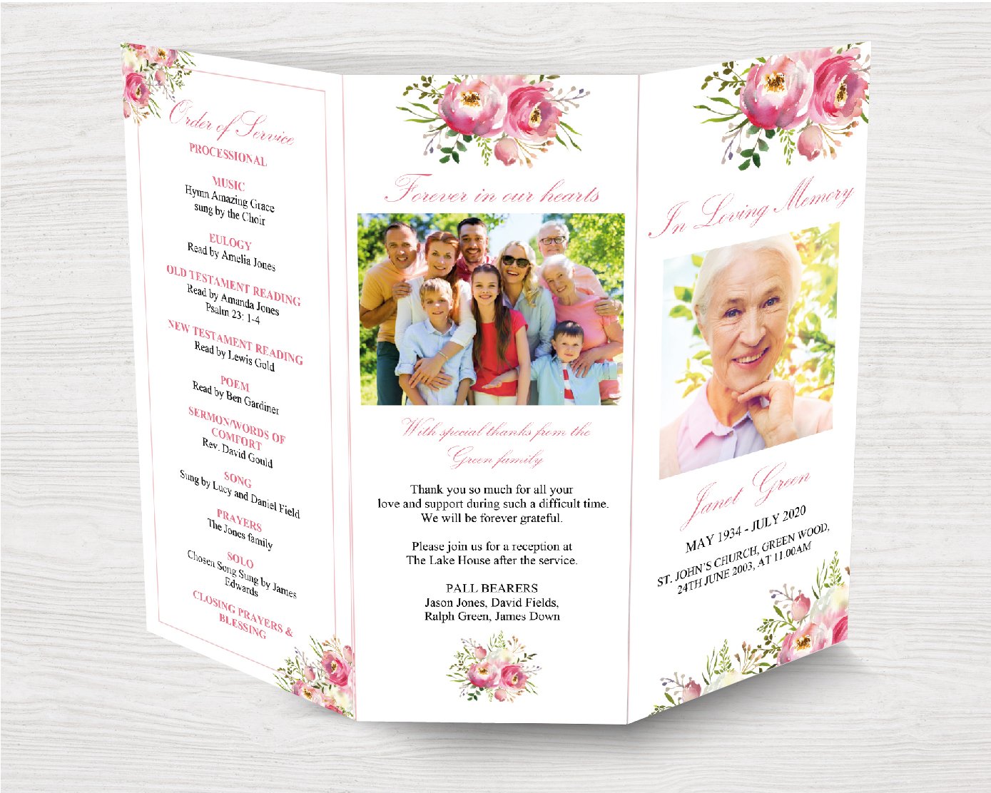 Trifold Pink Floral Funeral Program Template
