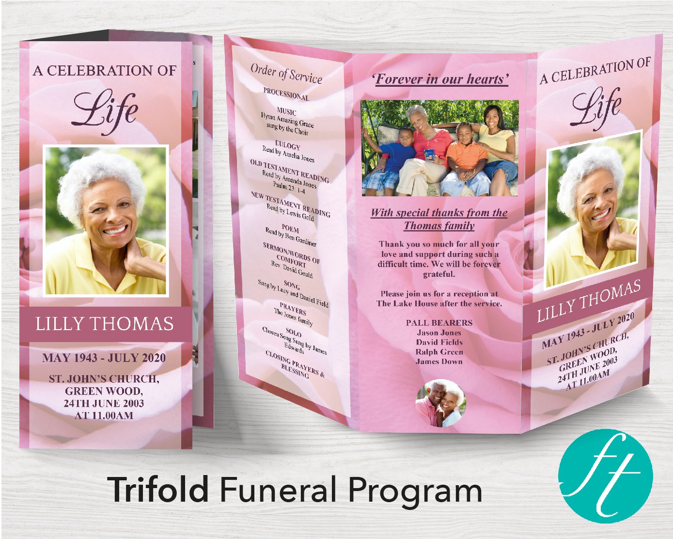 Trifold Pink Rose Funeral Program Template
