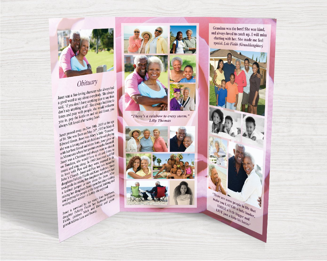 Trifold Pink Rose Funeral Program Template