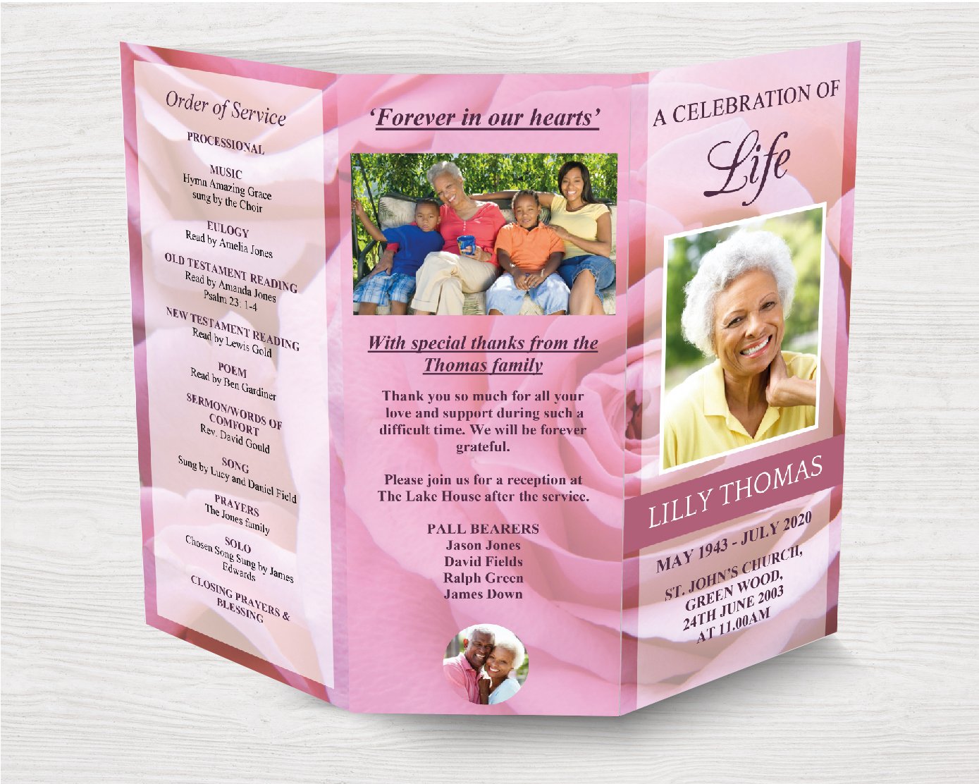 Trifold Pink Rose Funeral Program Template (Commercial License)