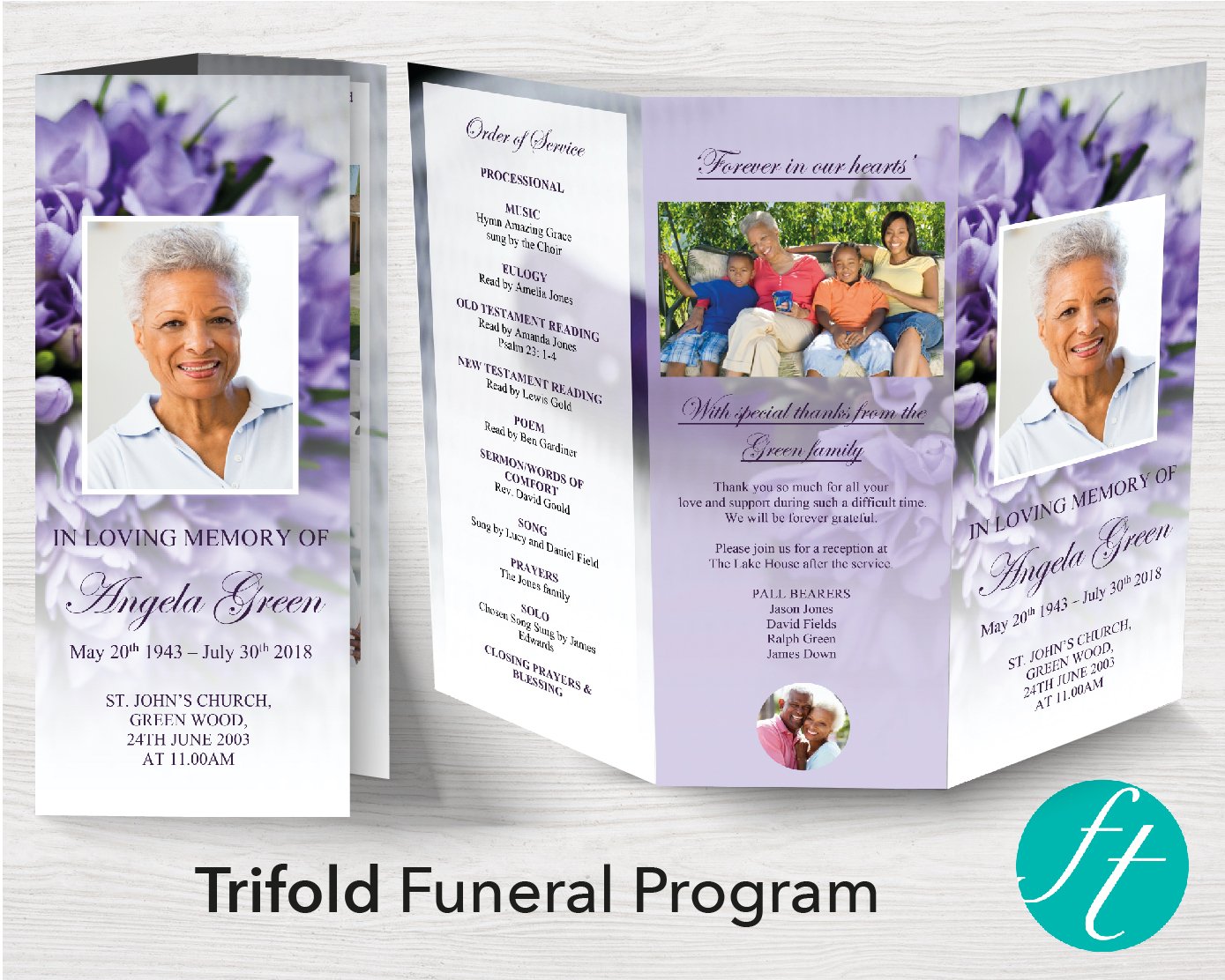 Trifold Purple Bouquet Funeral Program Template