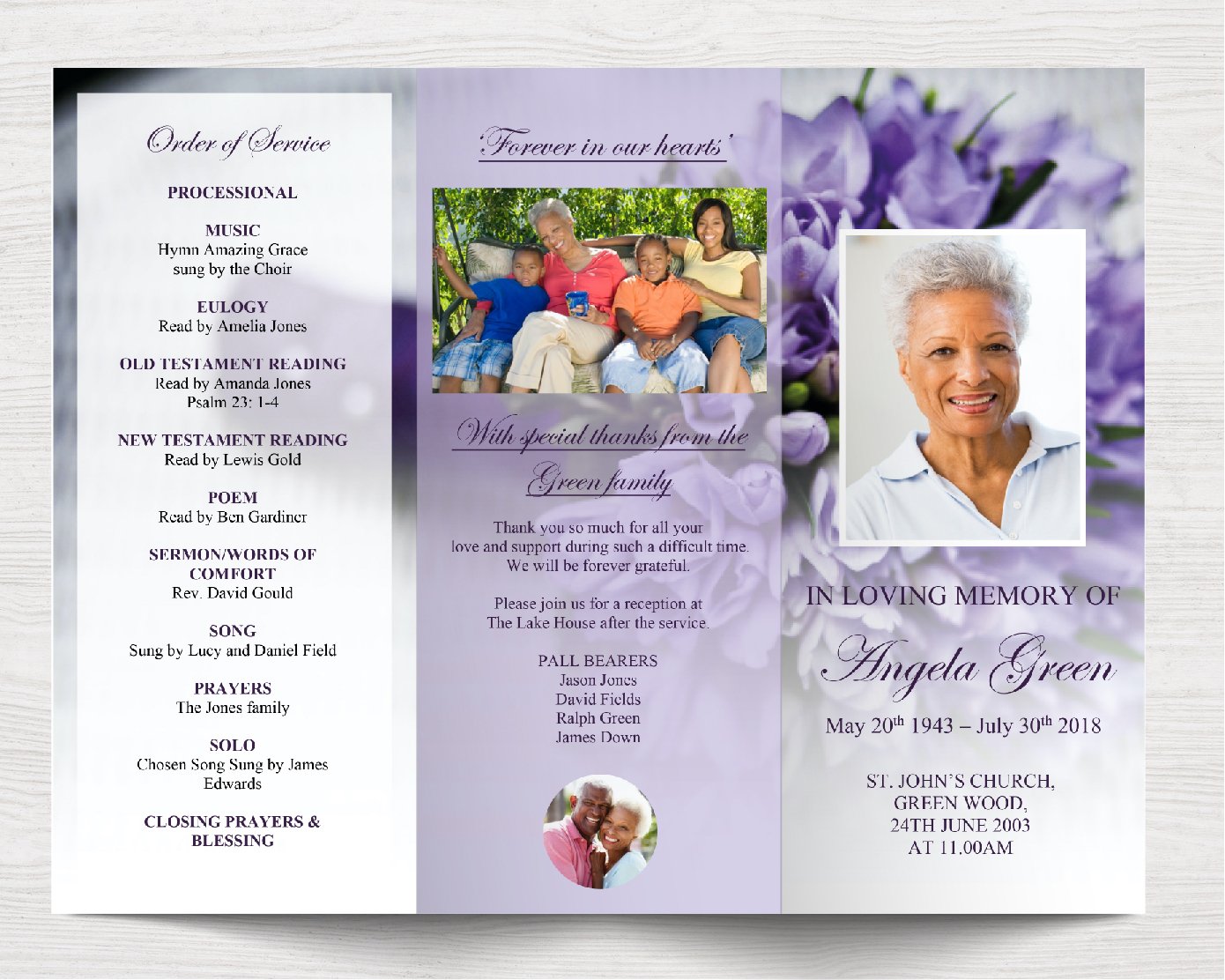 Trifold Purple Bouquet Funeral Program Template